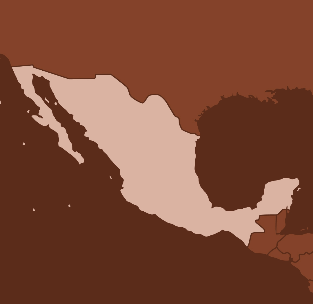 Map of Mexico highlighted in a brown color scheme.