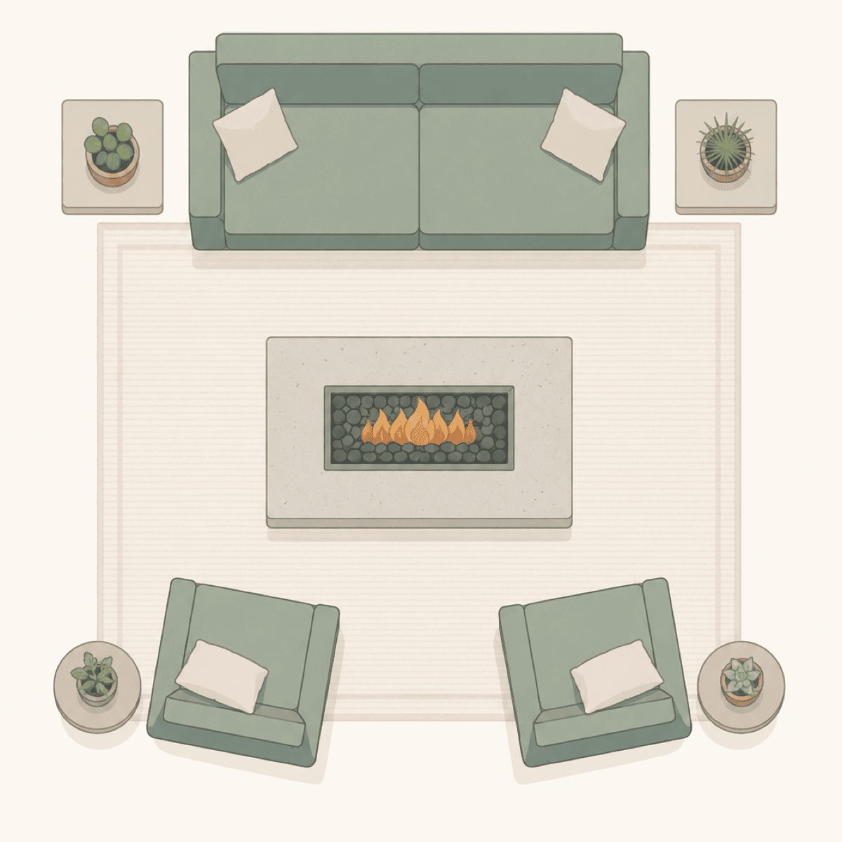 Illustrated patio furniture layout with sofa and two lounge chairs around a rectangular fire pit.
