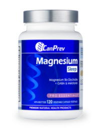 Bottle of CanPrev Magnesium Sleep supplement with blue label.