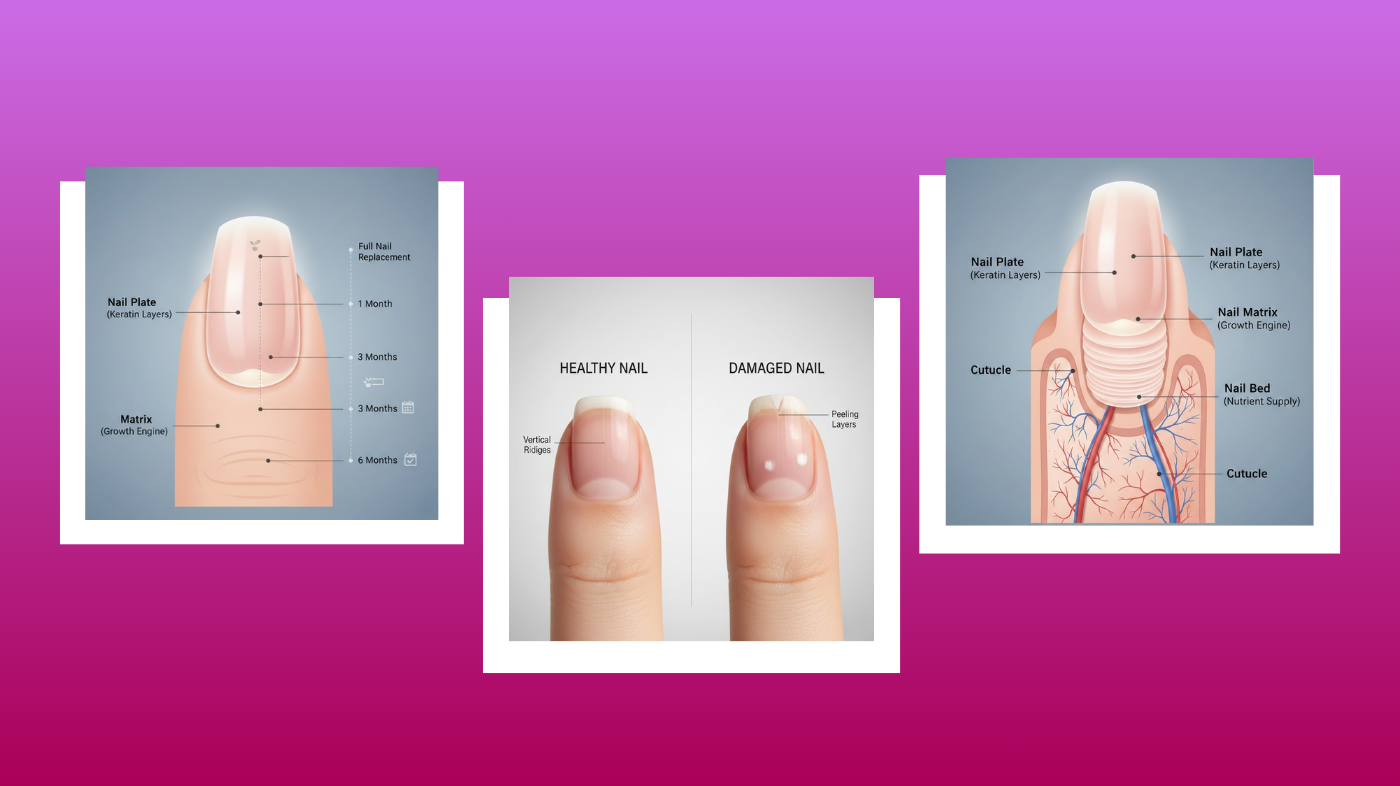 Illustration of healthy nails showing keratin layers and nail matrix, explaining how nails grow and why dehydration, trauma, or frequent polish removal can cause peeling, splitting, and uneven texture