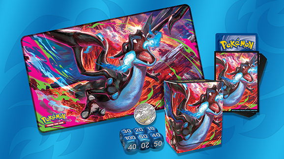 Pokémon mega charizard ultra premium collection merchandise including playmat, card pack, and dice featuring Charizard.