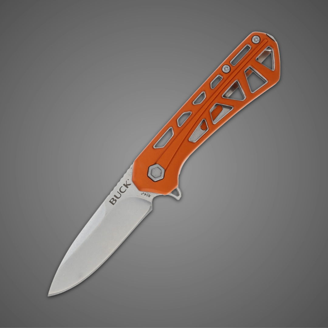 A folding knife with an orange handle and silver blade.