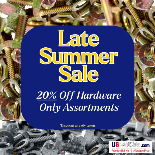 gold and silver fastener background with blue square and words late summer sale 20% off hardware only assortments for usboltkits.com