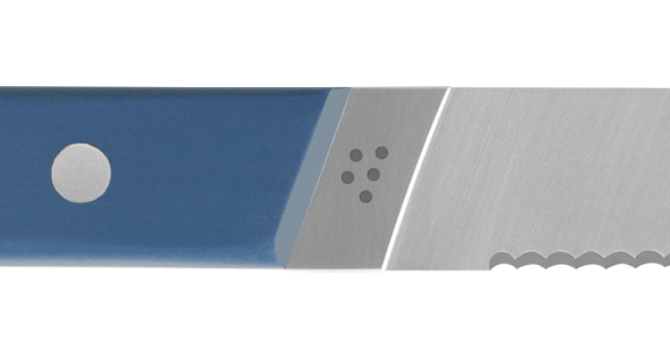 A close view of a Blue Misen Steak Knife bolster, showing the knife’s streamlined silhouette.