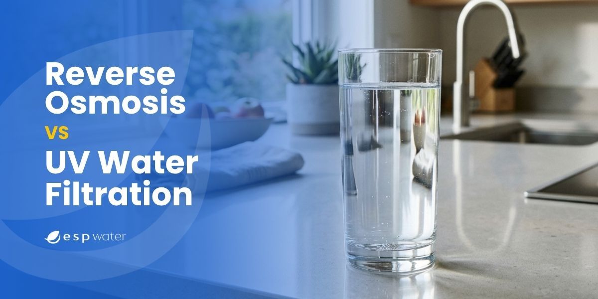 Glass of water on a kitchen counter with filtration comparison text.