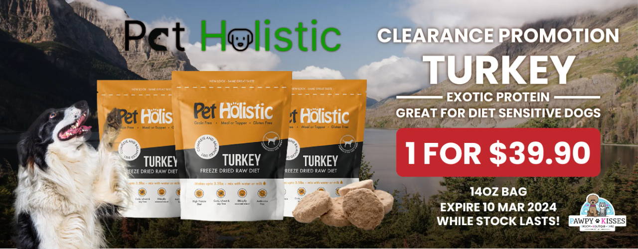 Pet Holistic Exotic Protein Turkey Recipe clearance promotion 1 for $39.90.