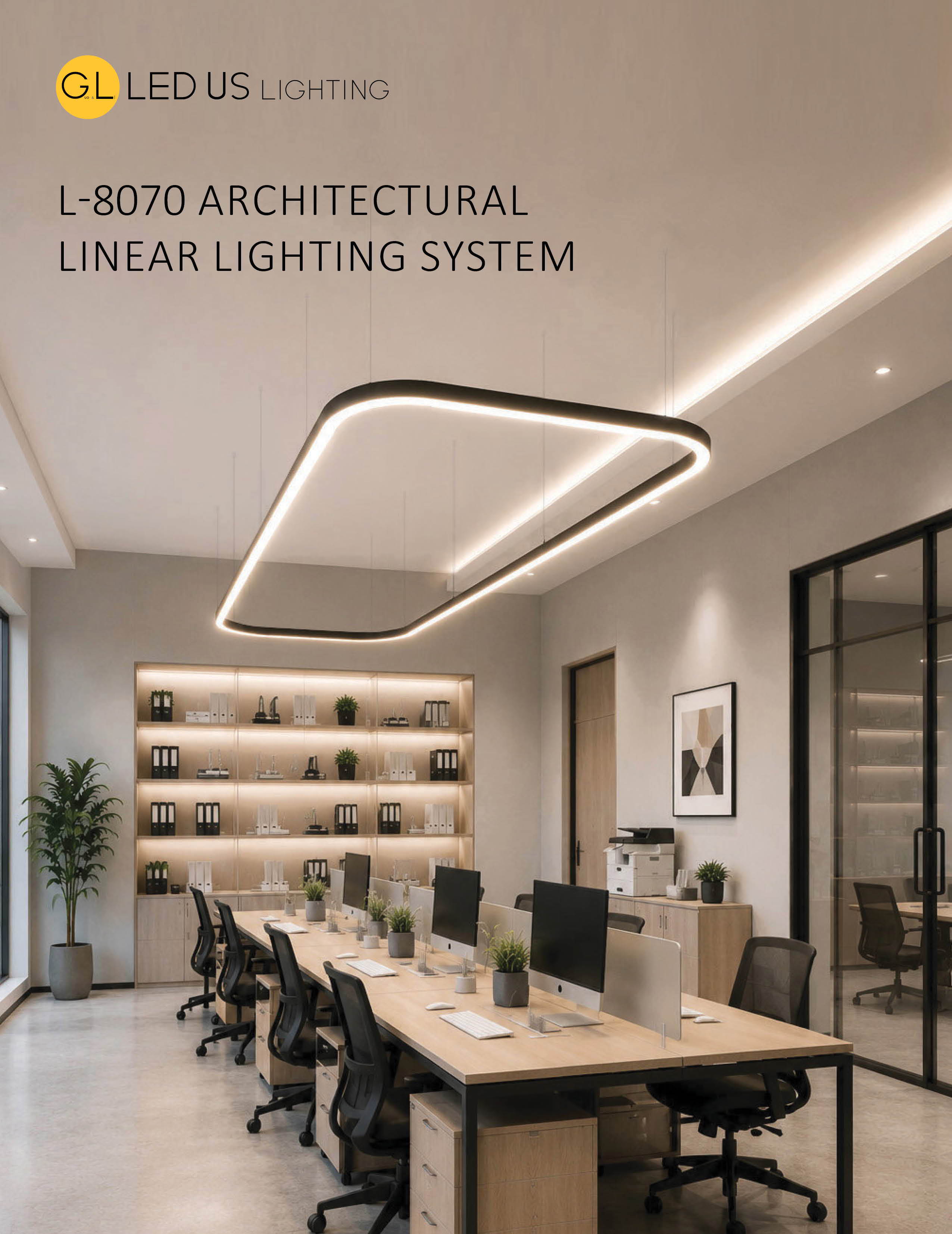 L-8070 Architectural Linear Lighting System with suspended geometric LED lighting in a modern office by GL LED US LIGHTING