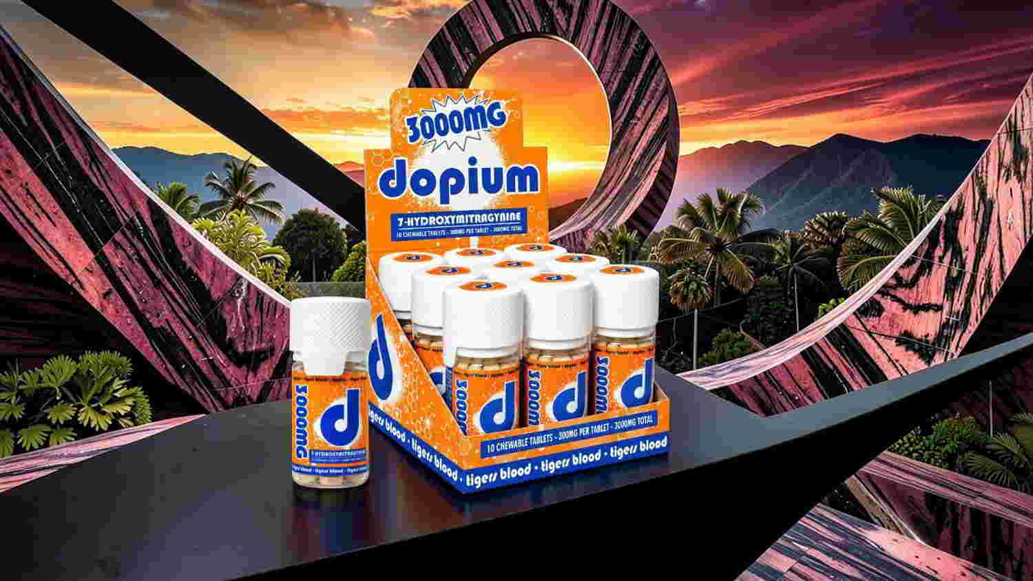 A display of Dopium bottles against a colorful sunset background.