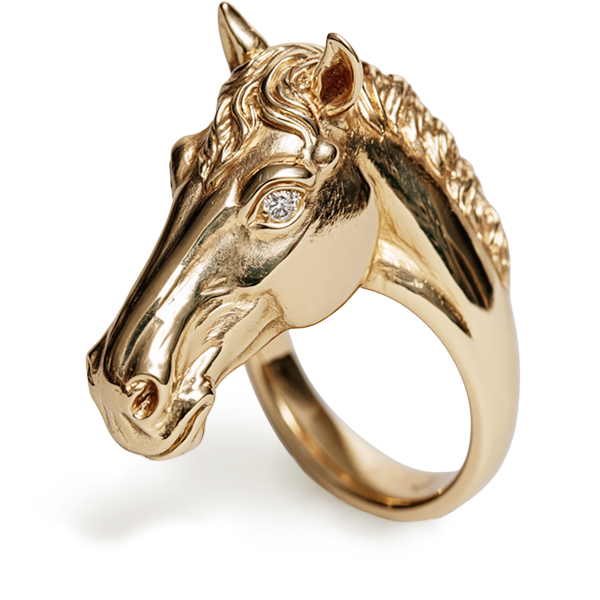 Computer render of a 14k gold ring in the shape of a horse
