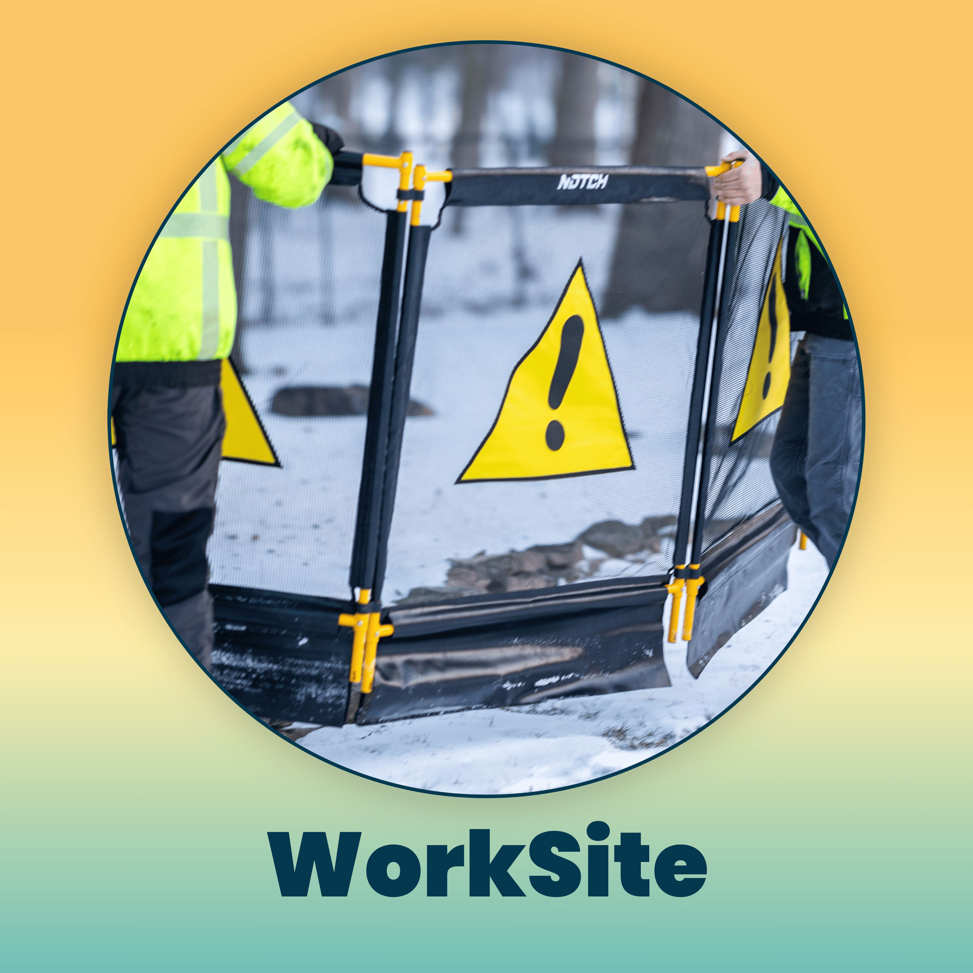 Workers holding a safety barrier with warning signs at a worksite.