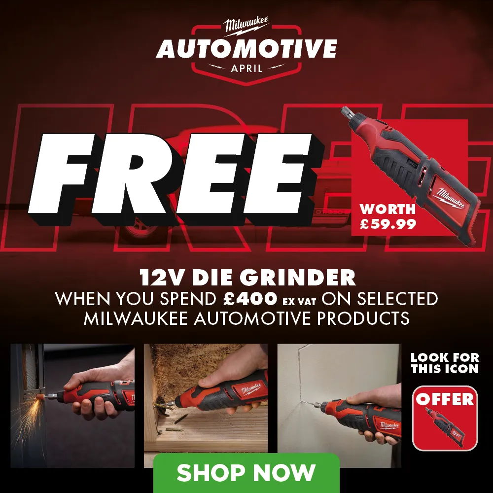 Promotional image for free 12V die grinder with Milwaukee automotive products purchase.