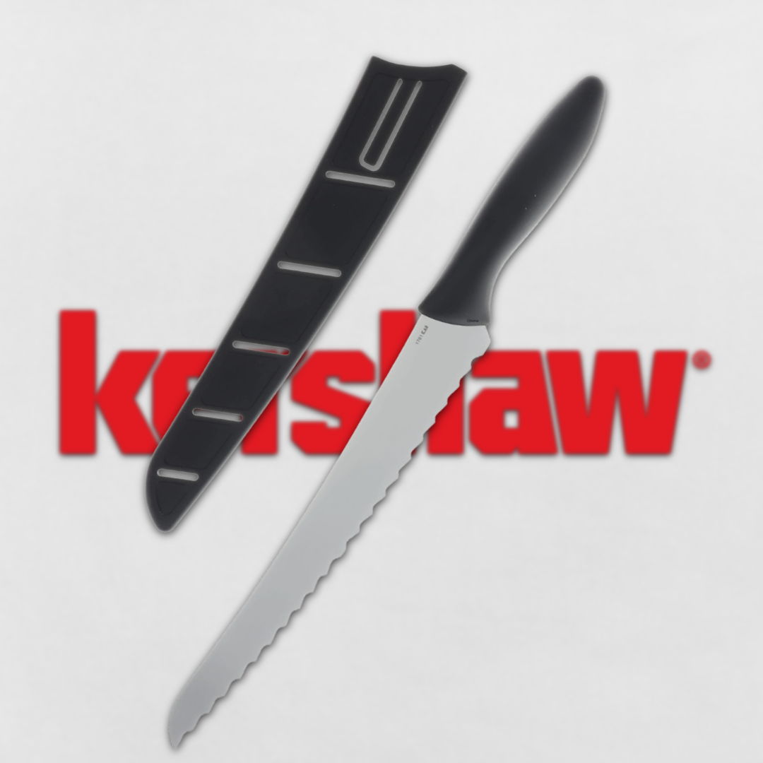 Knife with serrated edge and protective sheath, Kershaw branding.