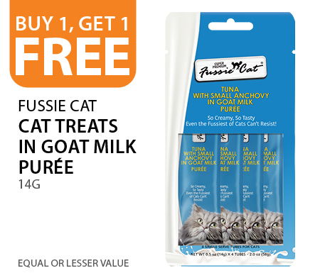 Buy 1, Get 1 Free Fussie Cat Cat Treats in Goat Milk Puree 14g. Equal or lesser value