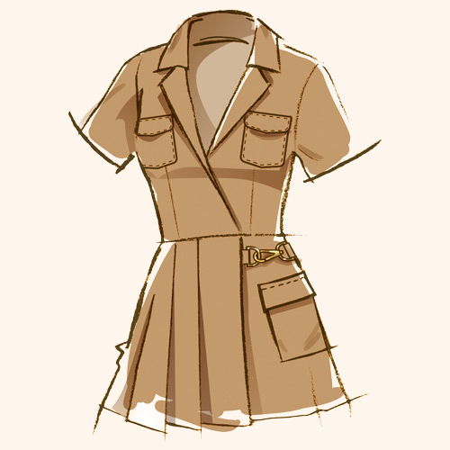 Illustration of a short-sleeved, tan dress with pockets and a belt.