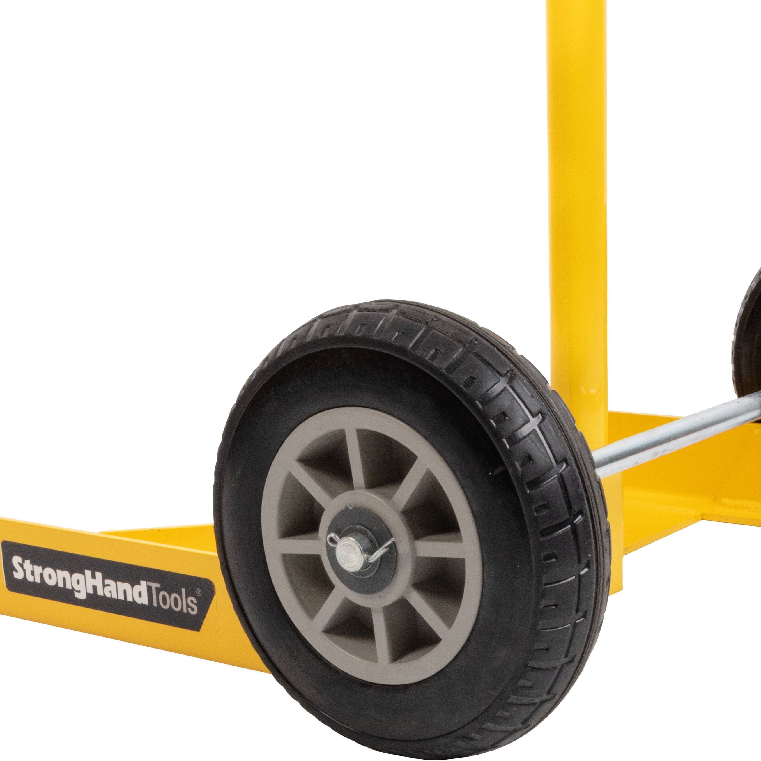 A yellow cart with a rubber wheel and handle for transporting items.