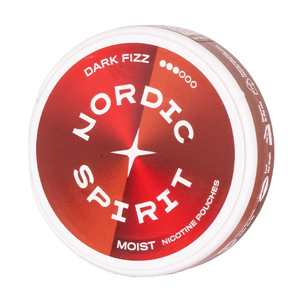 Red can of Nordic Spirit Moist nicotine pouch, labeled Dark Fizz.