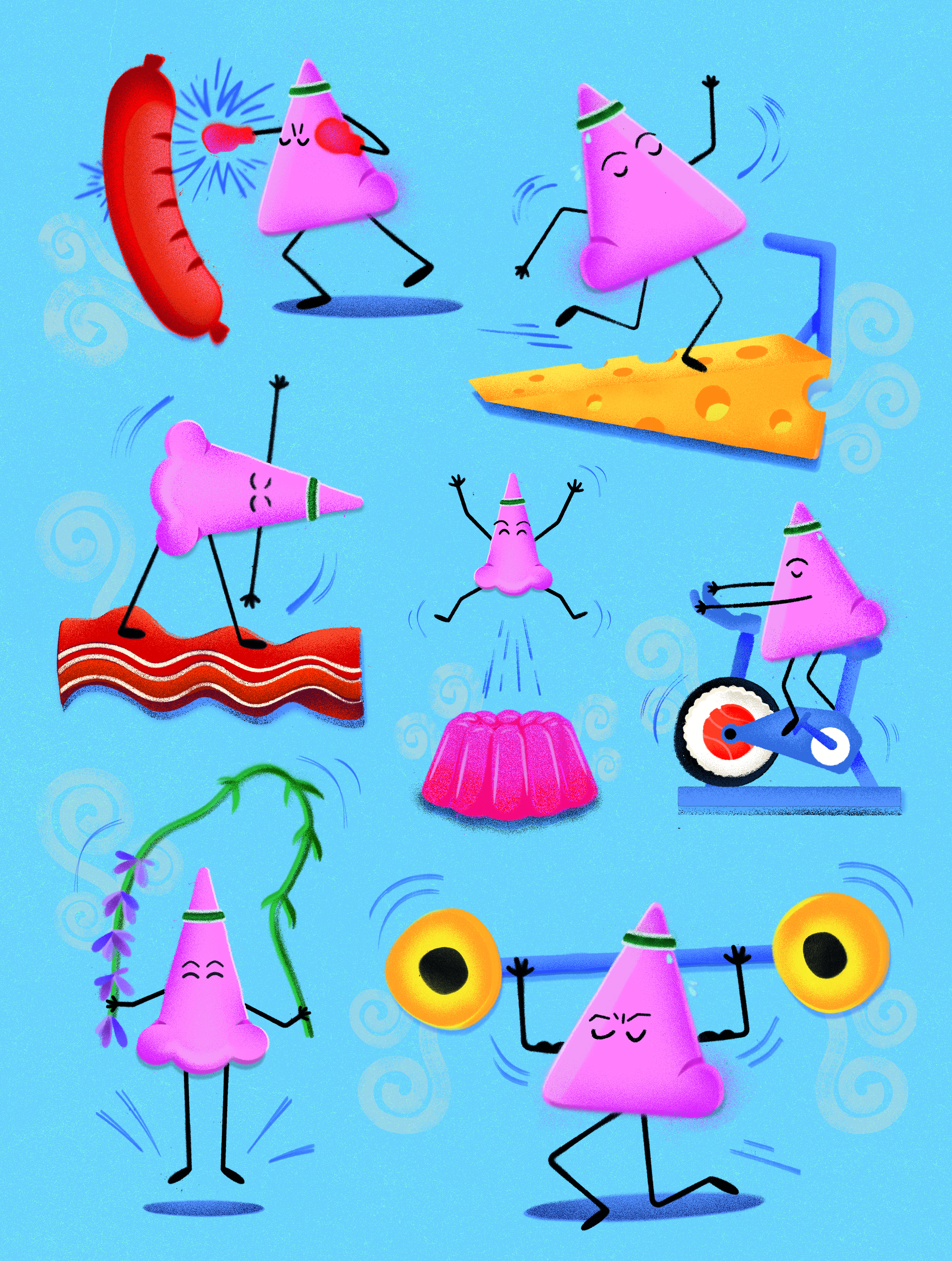 Colorful cartoon triangles engaged in various fun activities against a blue background.