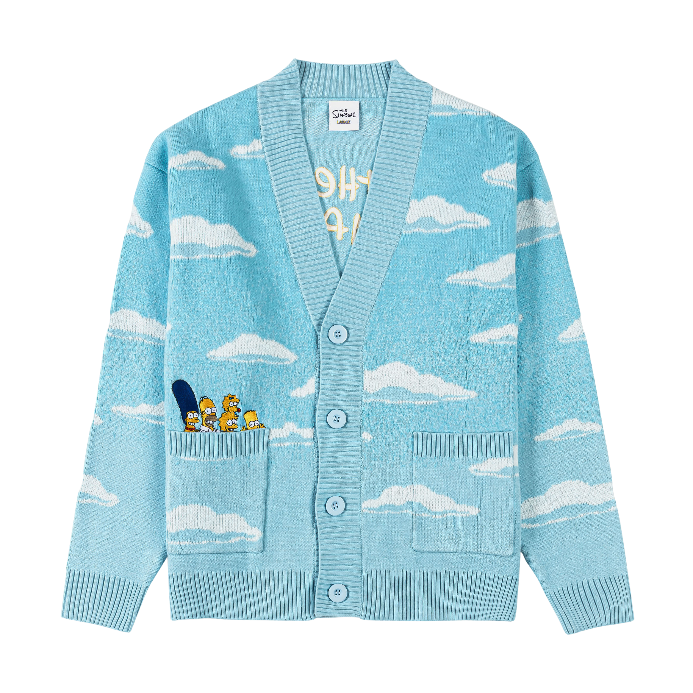 Light blue cardigan with cloud patterns and cartoon characters in the pocket.