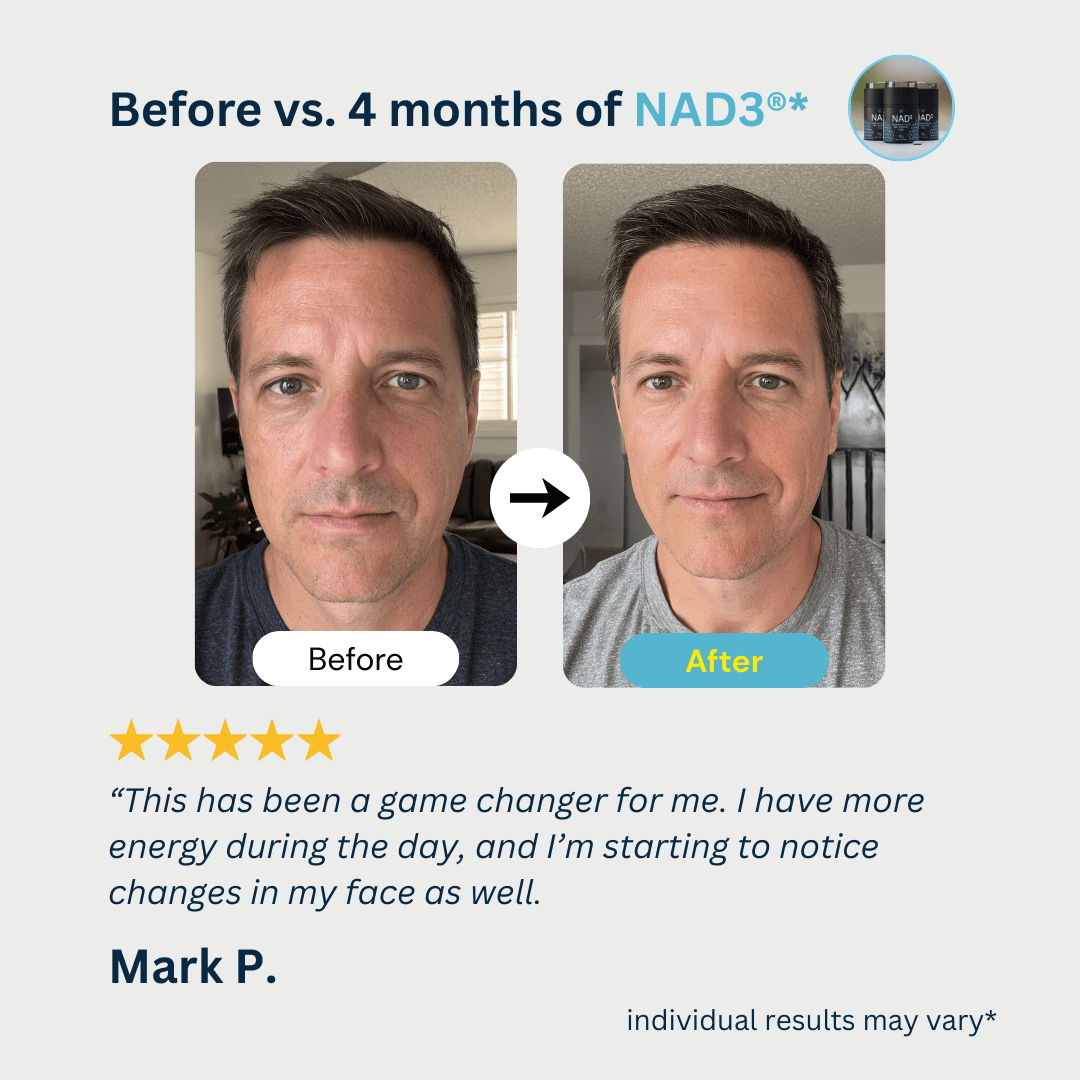 Before and after photos showing results from 4 months of NAD3 treatment.