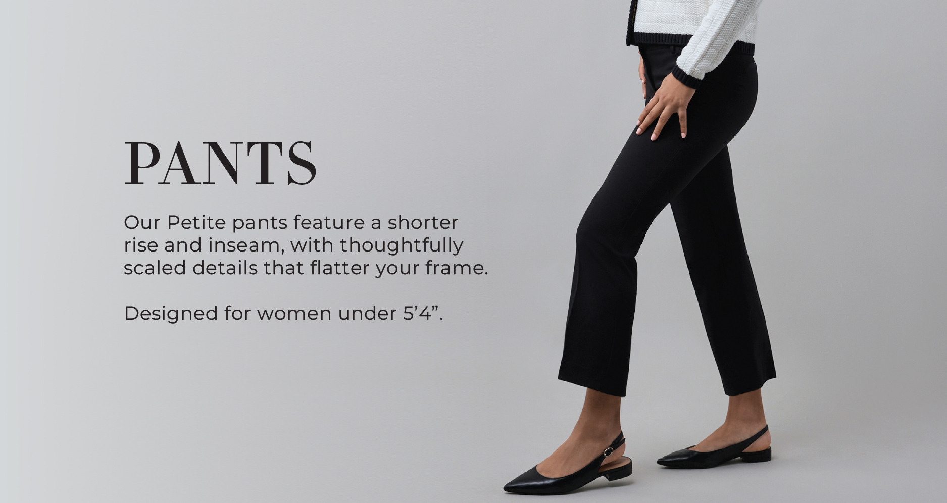 Woman wearing black pants and shoes, with text about the product.