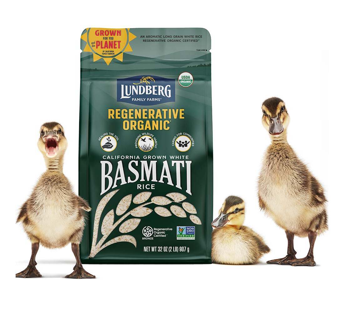 Lundberg Regenerative Organic Basmati Rice bag with three cute ducklings