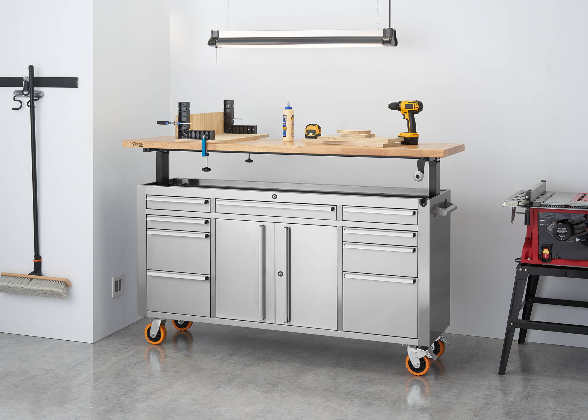 workbench with height adjustable wood top for garage use