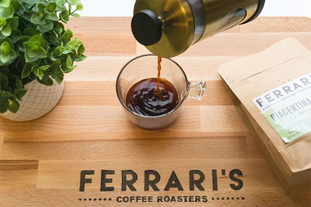 Ferrari's Coffee, French Press Brewing Guide, Step 4: Plunge