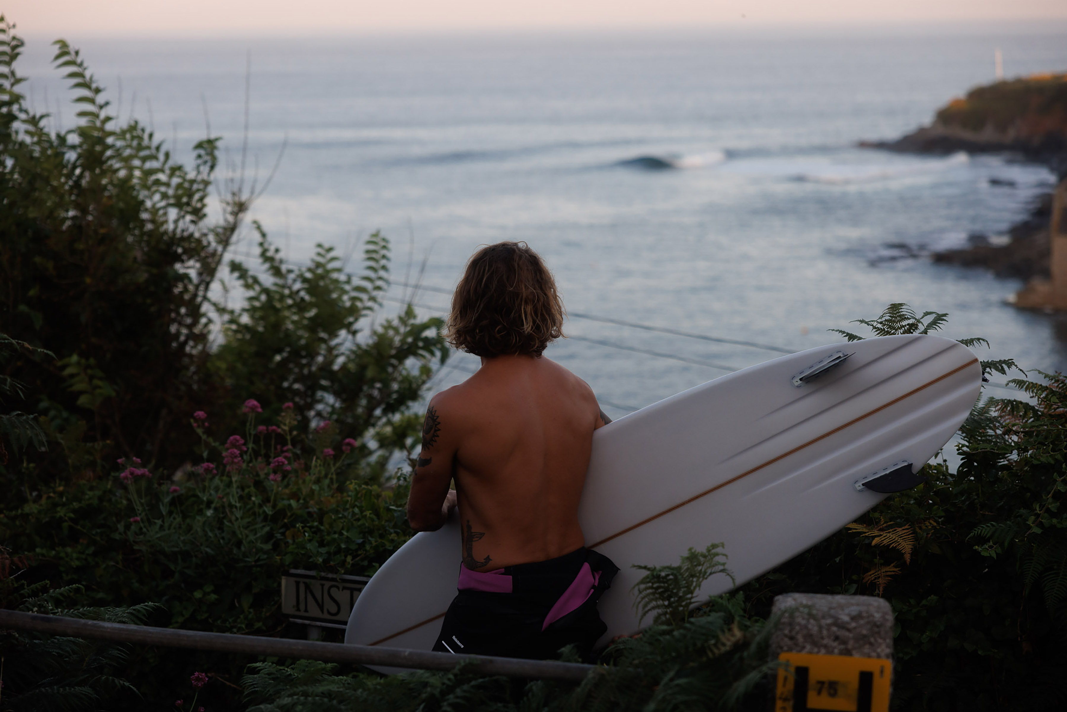 Person with surfboard looking at the ocean during sunrise.