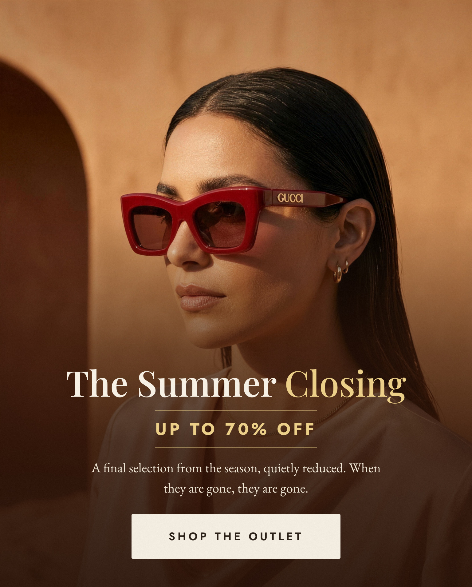 Woman wearing Gucci sunglasses with promotional text about summer sale.