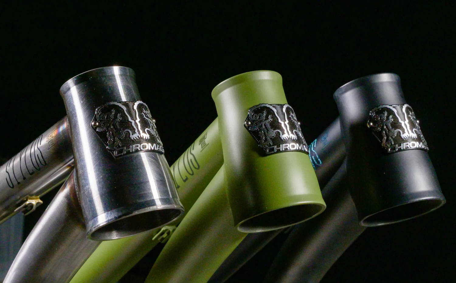 Detail of Chromag Stylus headtubes in Raw, Rover Olive, and Dark Crystal Colorways