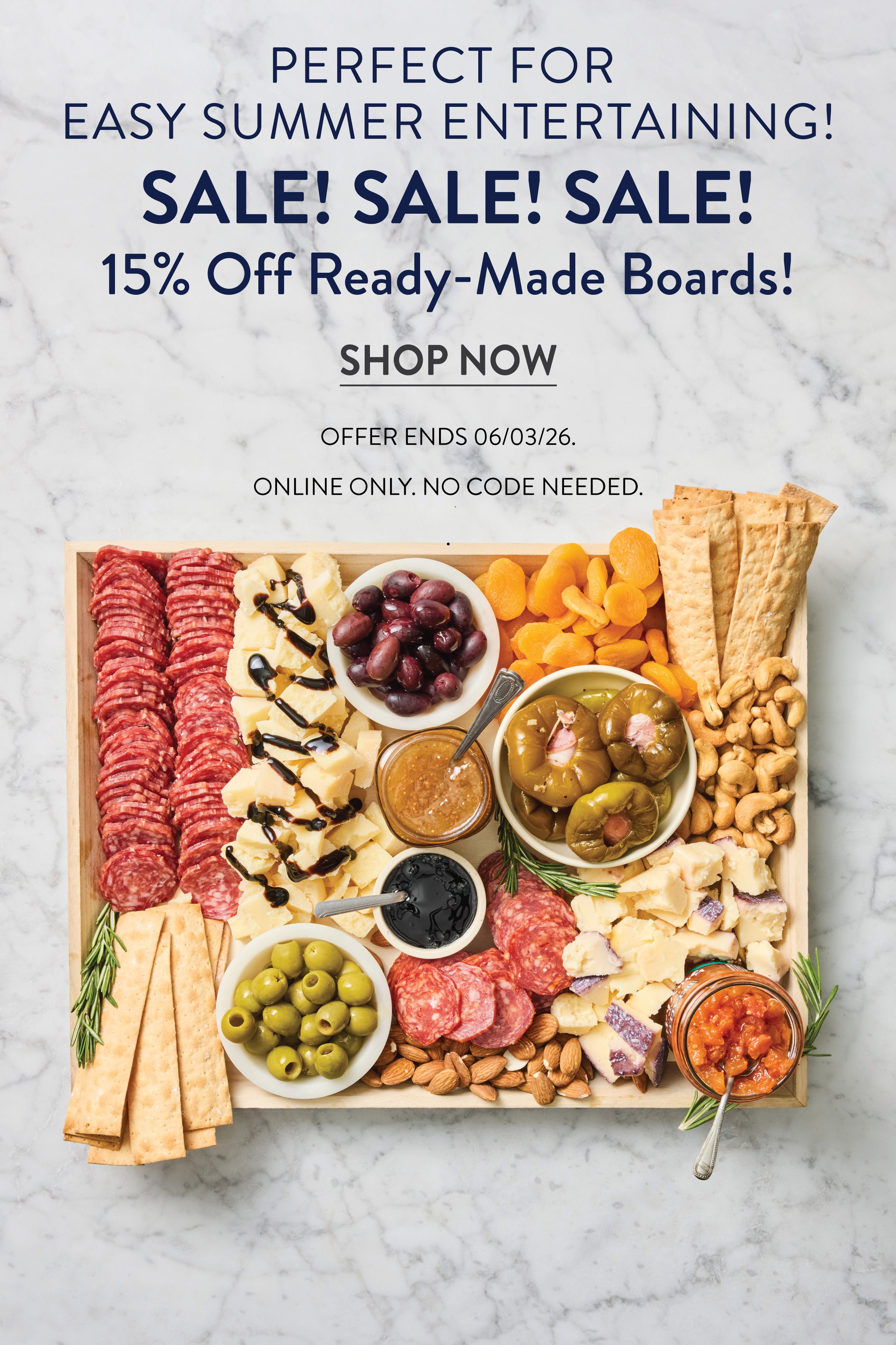 Promotional image for summer sale on ready-made food boards.