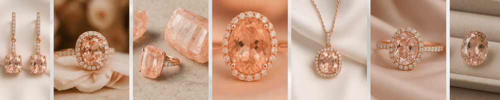 collage of morganite guide images showing earrings, rings, rough stones, pendant necklaces, and close-up morganite jewelry