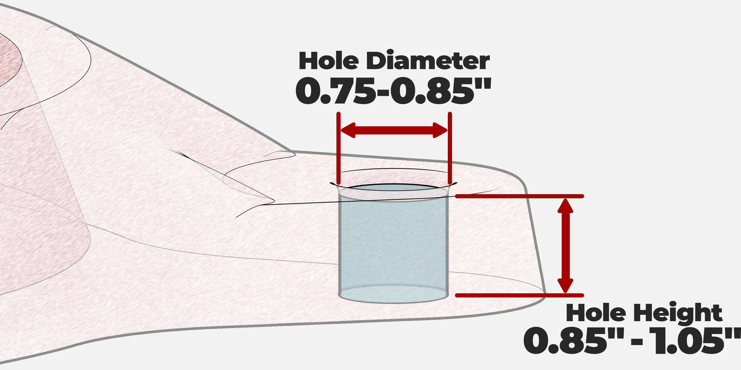 Dimensions for hole diameter and height with hand illustration.