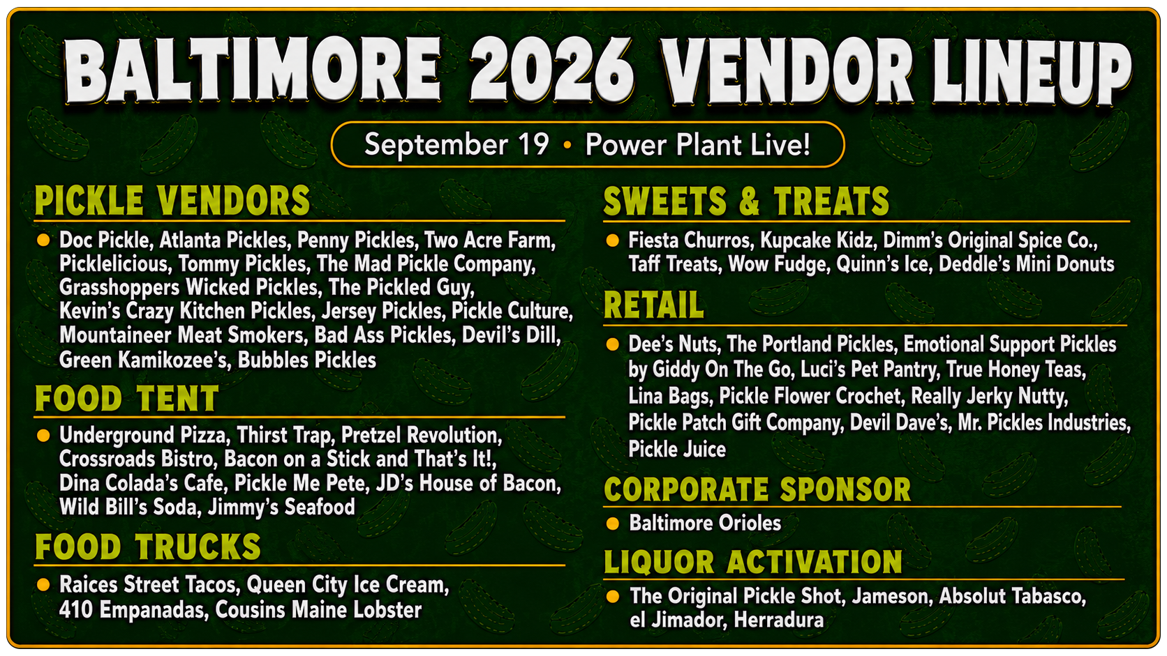Baltimore 2026 vendor lineup with food and drink options listed.