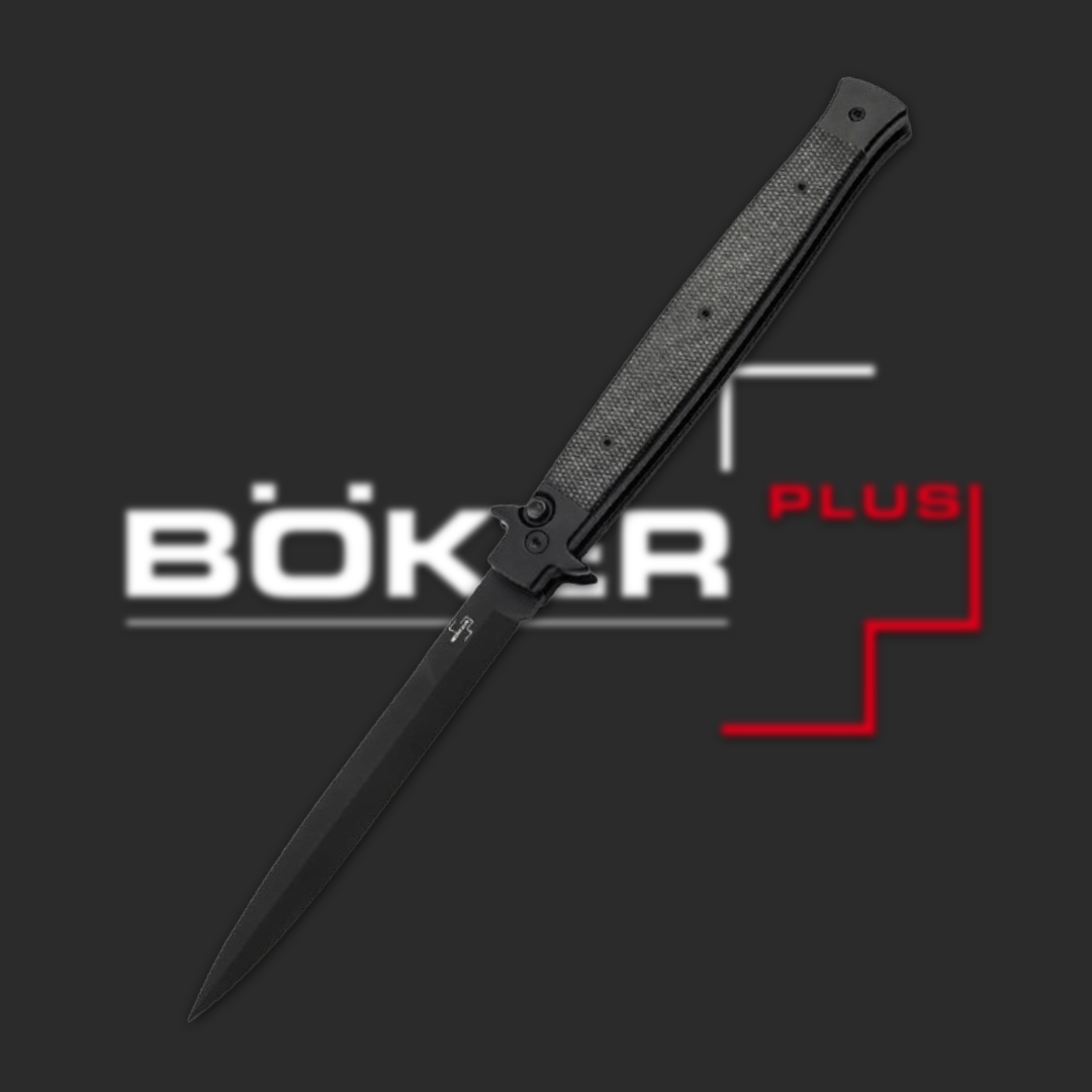 Black folding knife with Böker Plus logo in the background.
