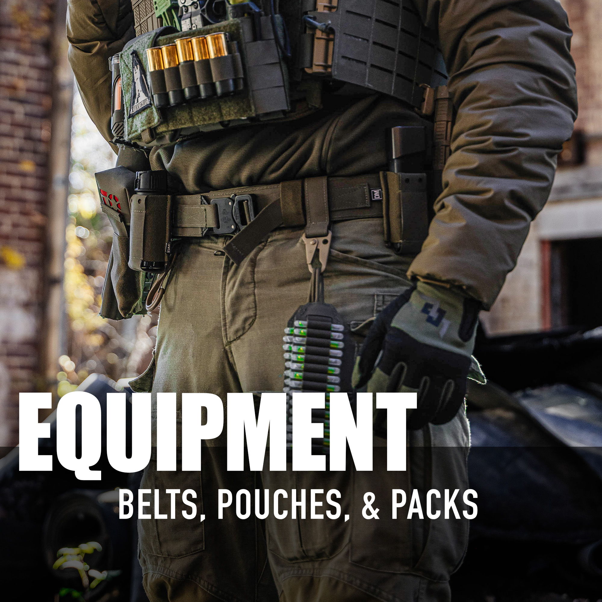 Person in tactical gear with various equipment and text overlay about belts and pouches.