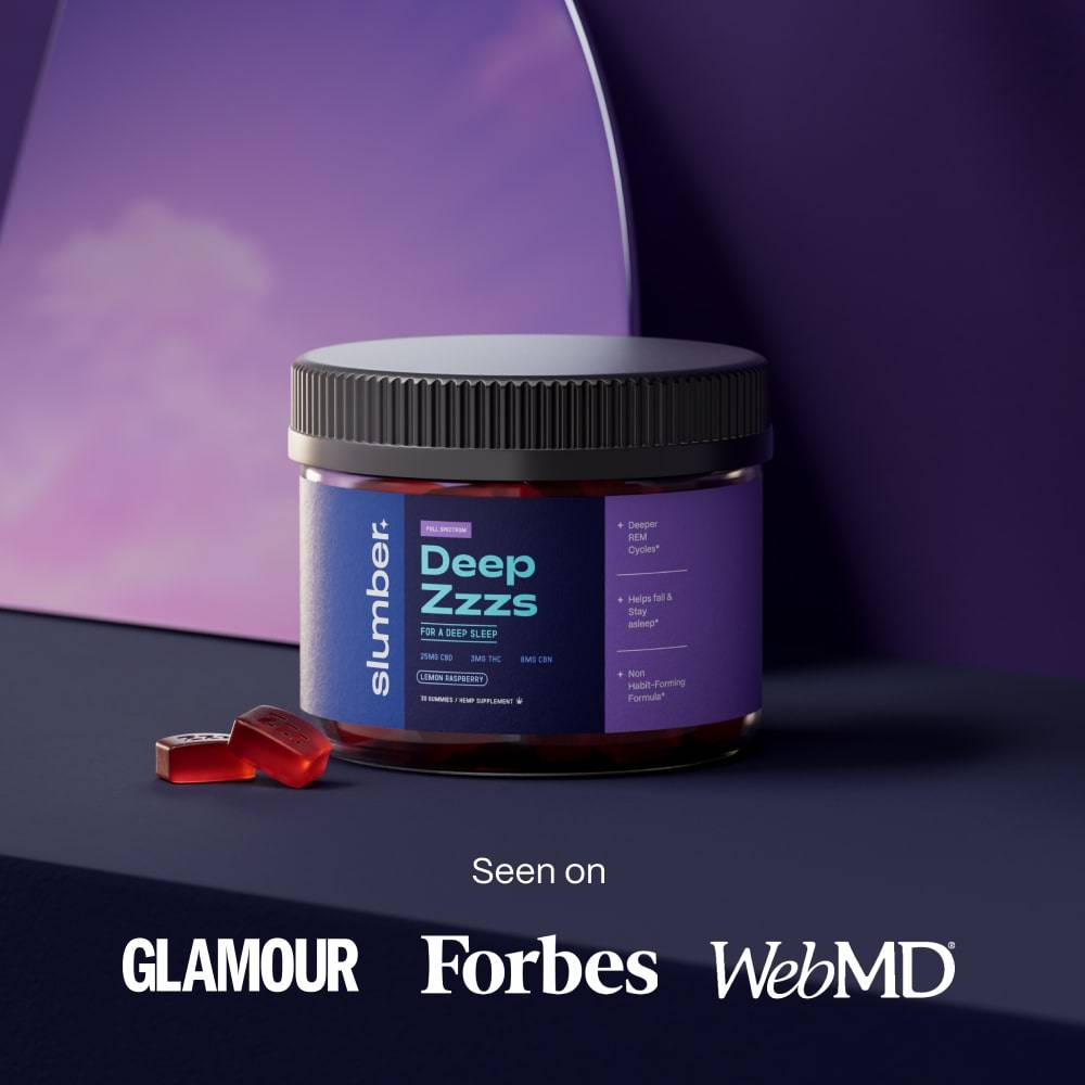 Container of slumber cbd cbn sleep gummies on a light blue background with red gummies.
