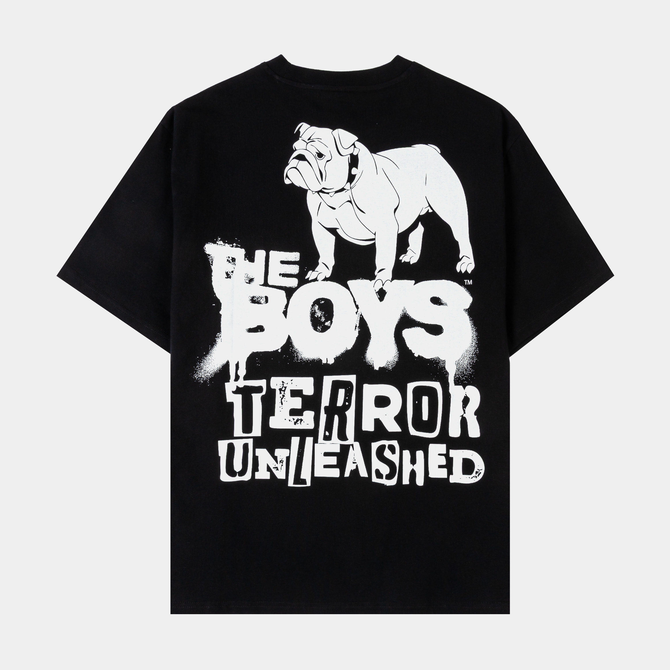 Black t-shirt featuring a graphic design on the front and side.