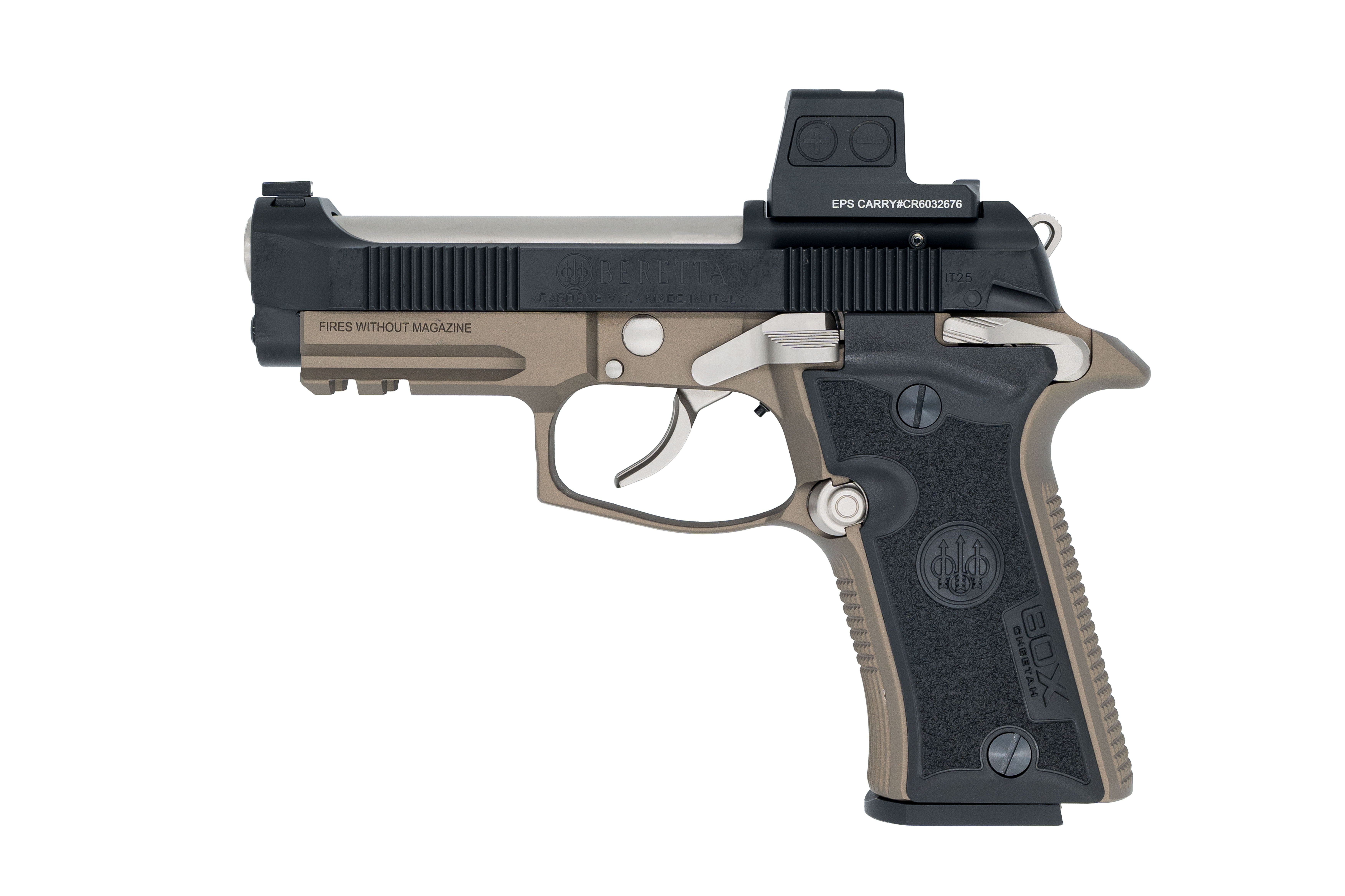A modern handgun with a tactical sight and ergonomic grip.