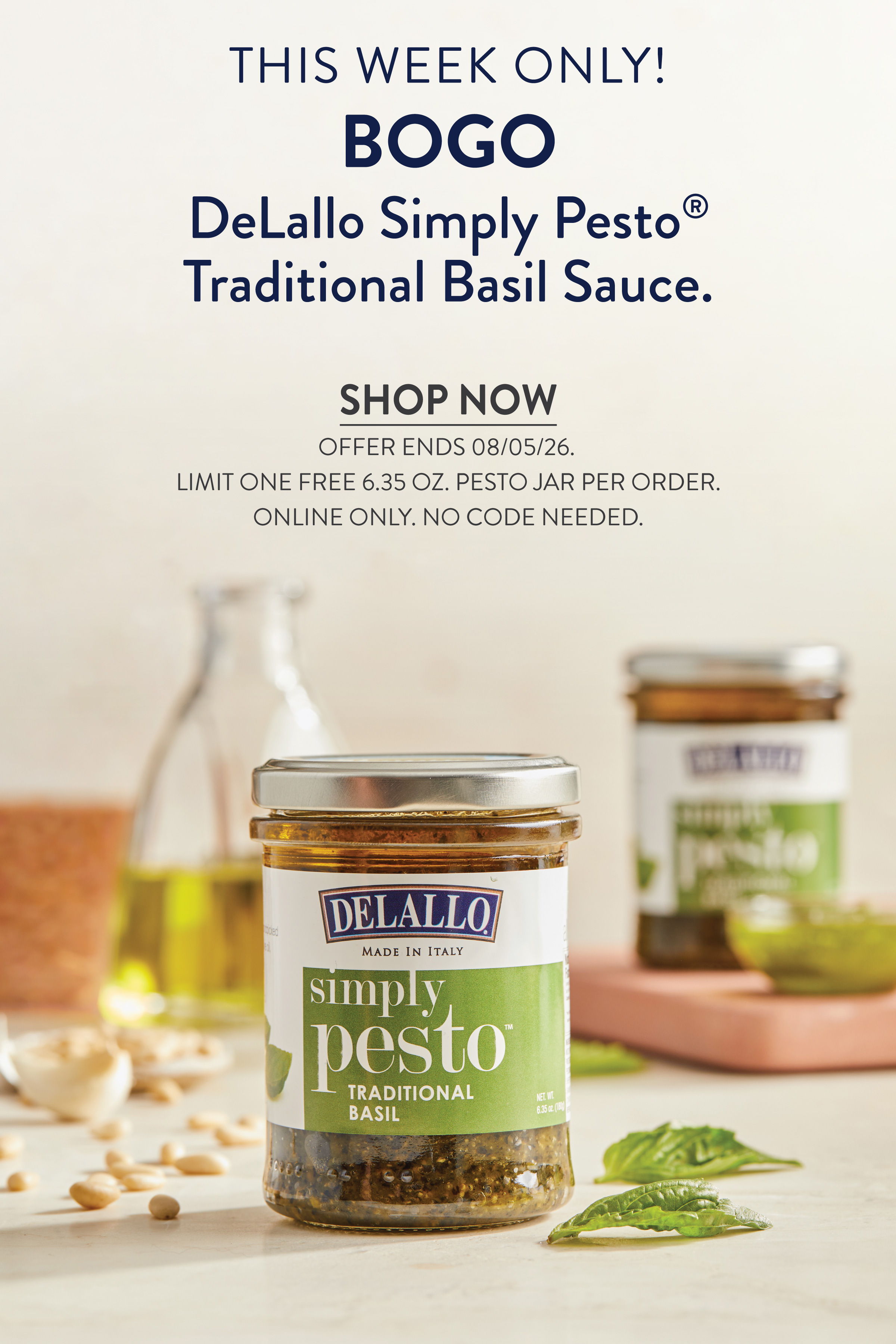BOGO DeLallo Simply Pesto® Traditional Basil Sauce advertisement.