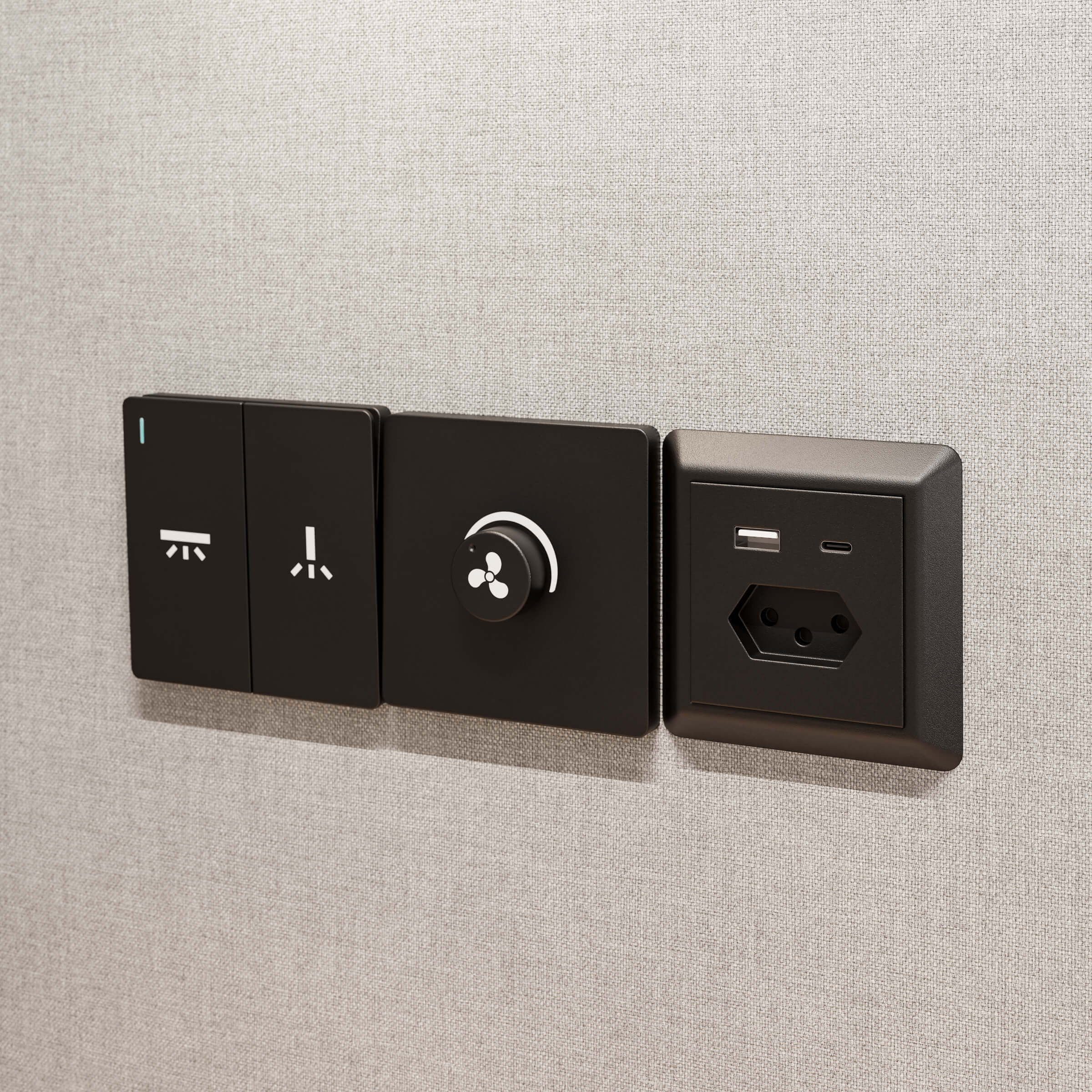 Controls in the ofinto Focus phone booth: switches for lighting and ventilation, a dimmer, and an outlet with USB-A and USB-C ports