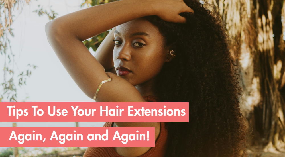 A woman styling her curly hair with text about hair extensions tips.