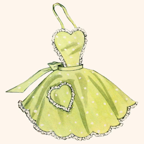 A green polka dot apron with heart-shaped details and a bow.