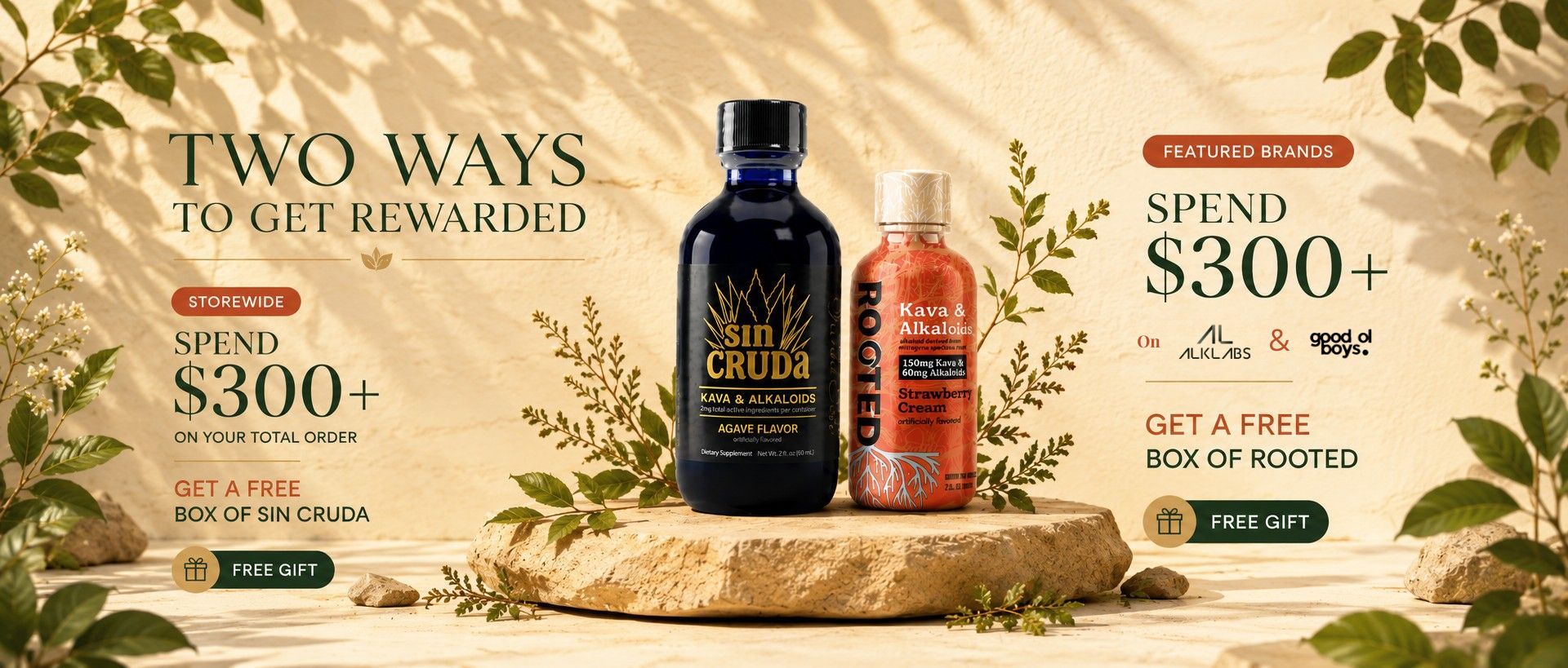 Promotional image featuring two bottles and offers for spending $300.