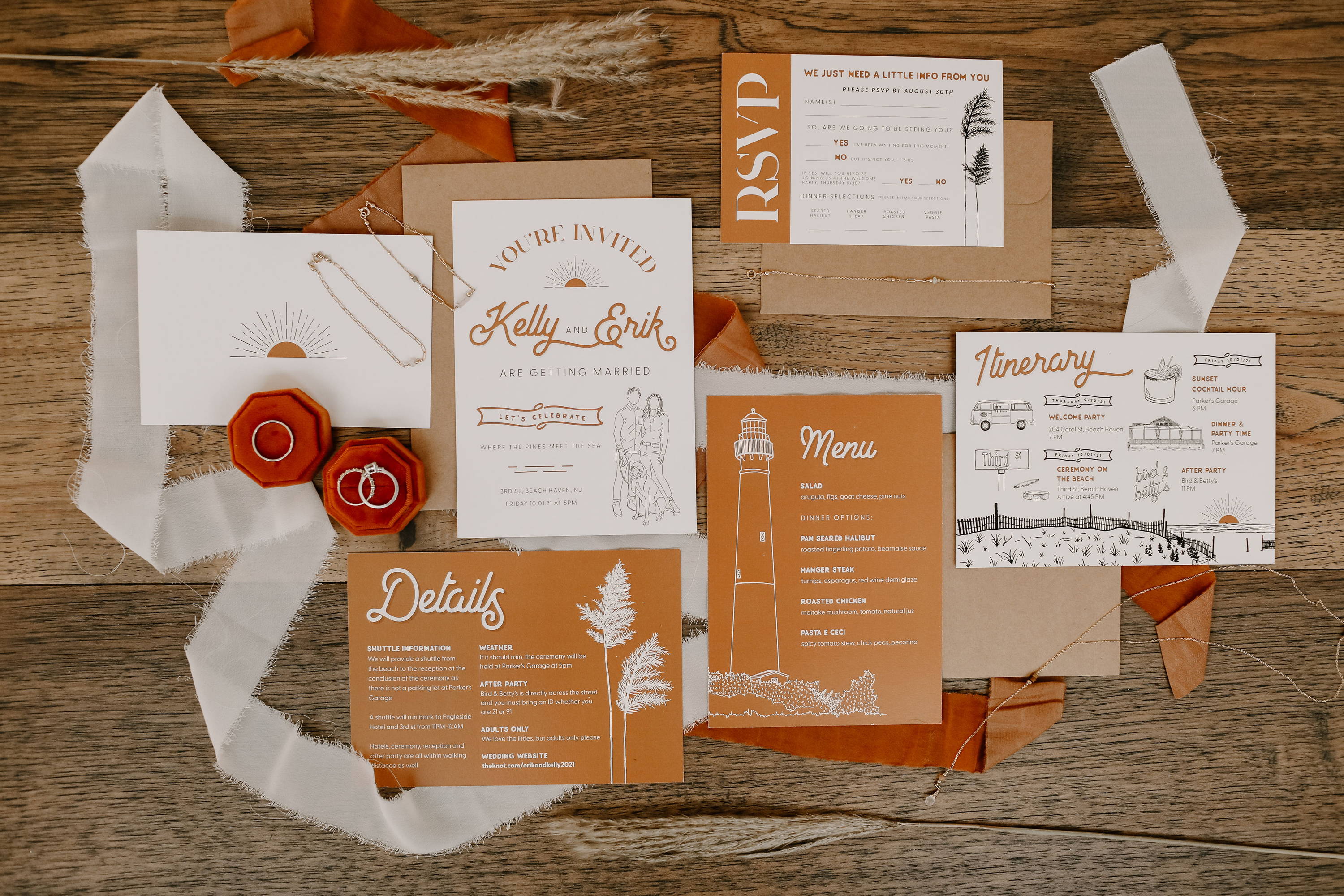 A beachy boho wedding suite + signage in a warm, dreamy Fall color palette with authentic local illustrations designed by The Small Town Studio, in Ship Bottom, Long Beach Island, New Jersey