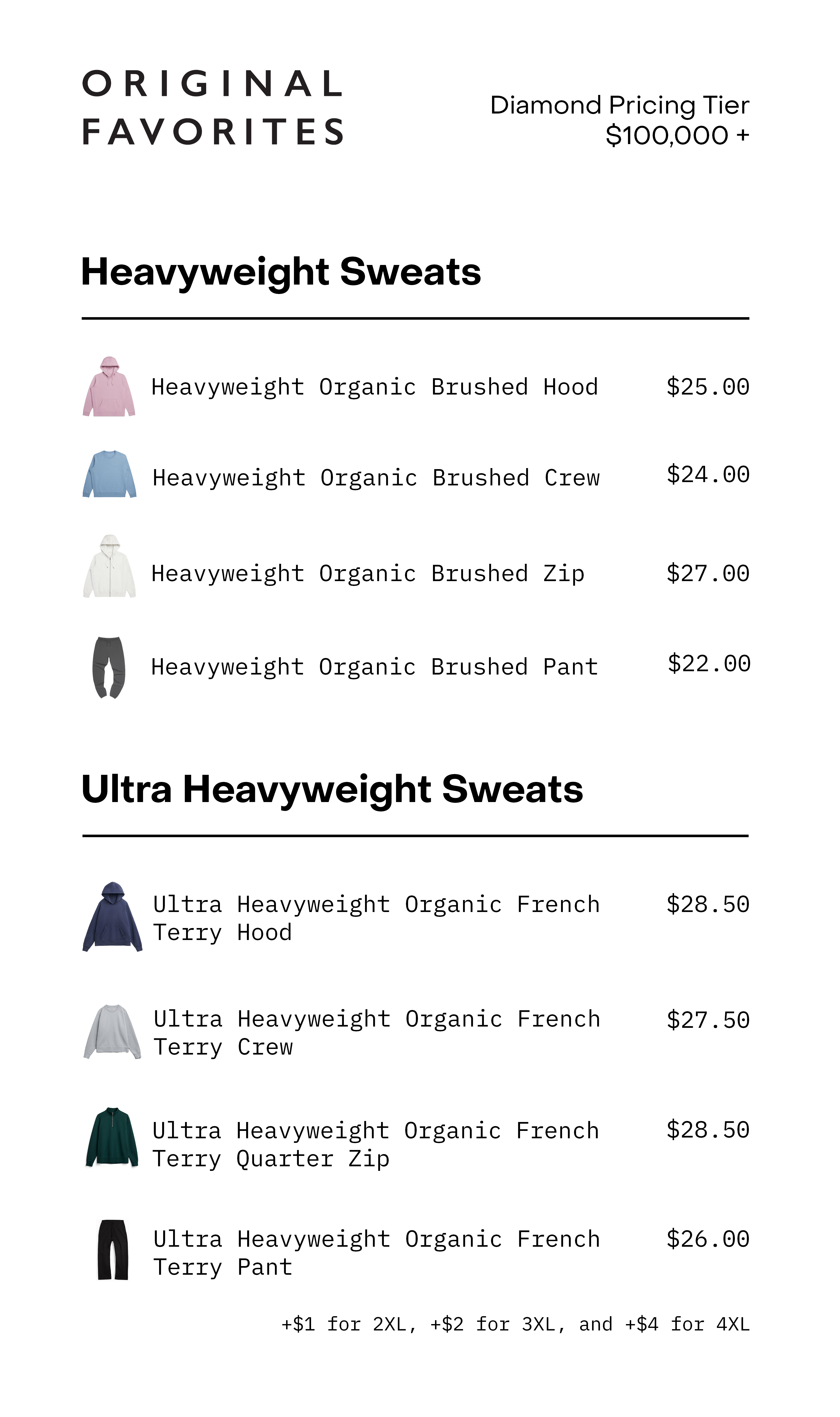 List of heavyweight and ultra heavyweight sweat apparel with prices.