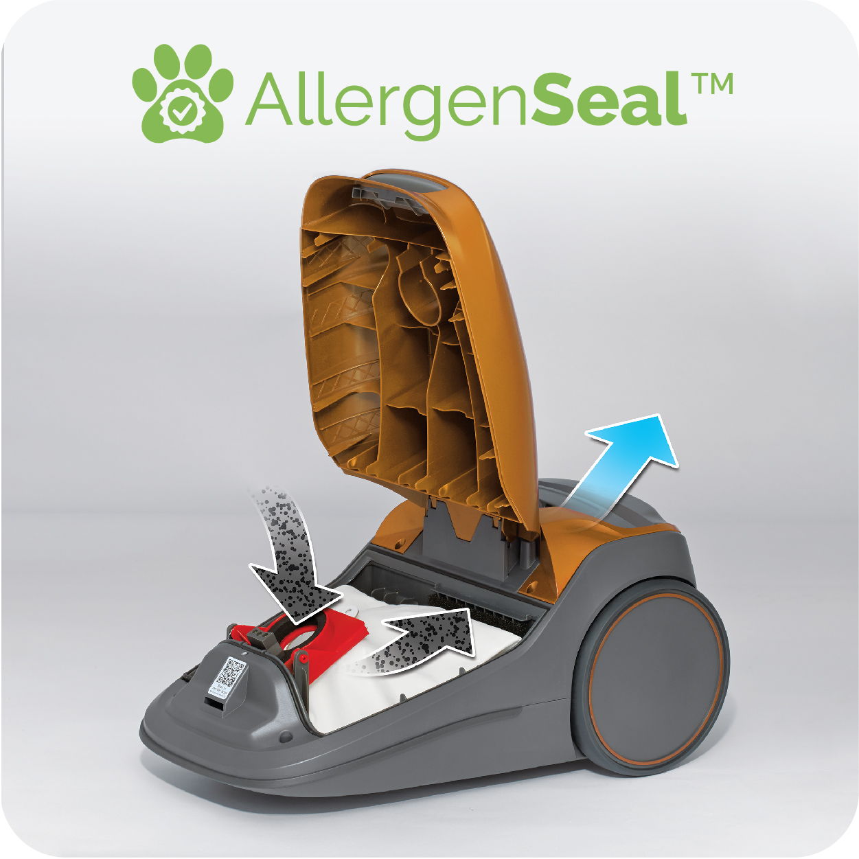 Vacuum cleaner with an open lid showcasing allergen filtration technology.