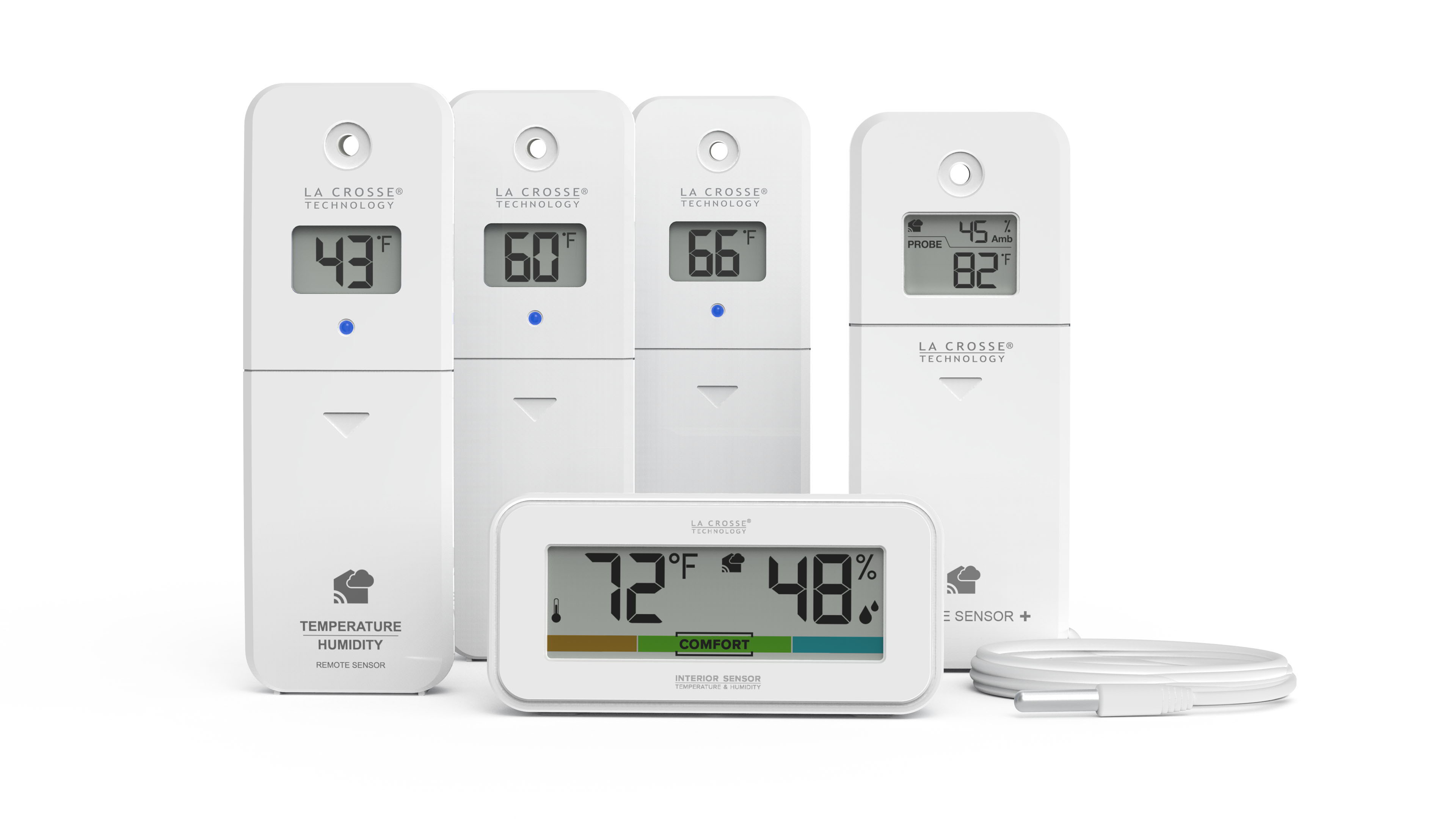 Temp Tracker Bundle Option #6 - Bridge Gateway with three temp and humidity sensors, one interior temperature and humidity sensor, and an additional temp and humidity sensor with a wired temperature probe. Click or tap to shop now.