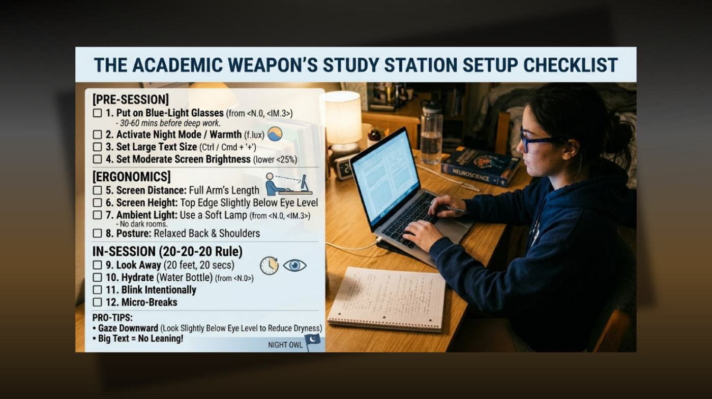 Study session comfort checklist for reducing eye strain including blue light glasses, proper lighting, screen breaks, and ergonomic setup