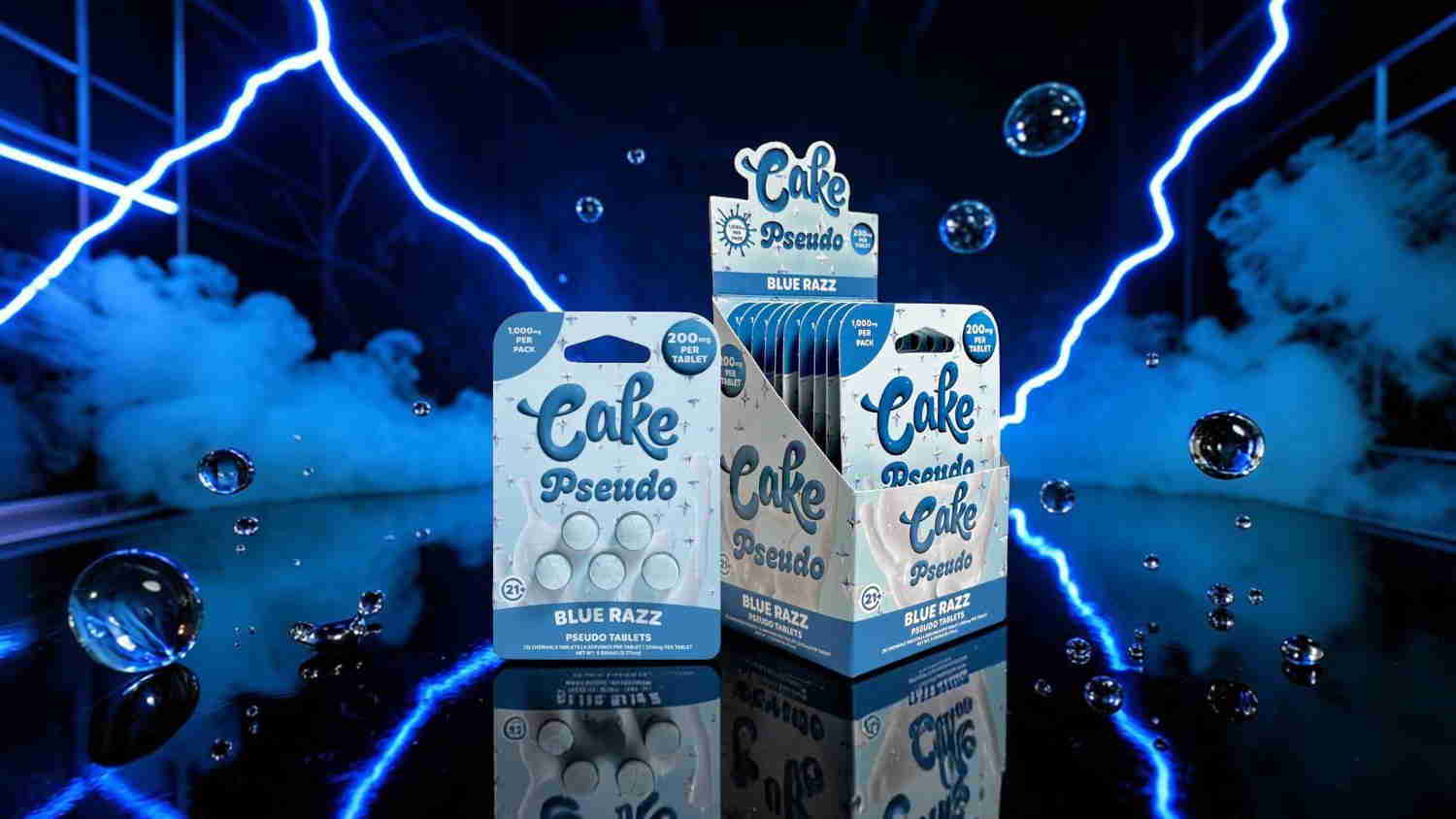 Three packages of cake powder with a dramatic blue background and lightning effects.